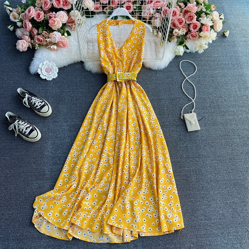 Floral Halter V Chiffon Dress