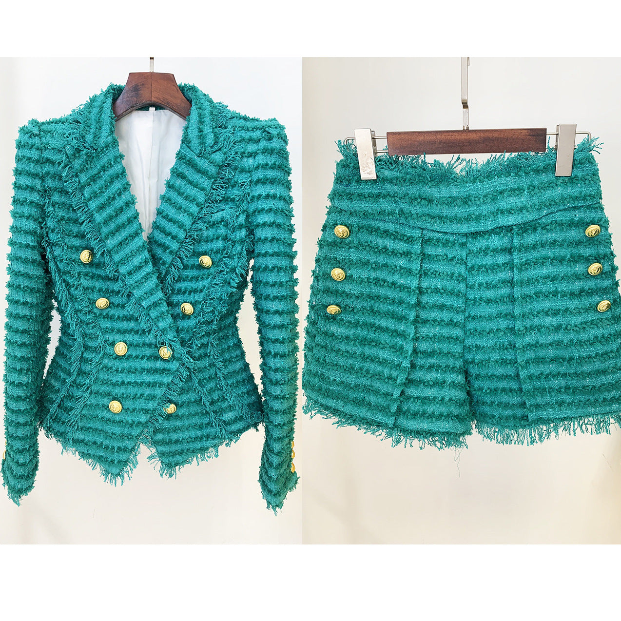 Autumn Winter Star Tassel Fringe Tweed Slim Blazer Shorts Set