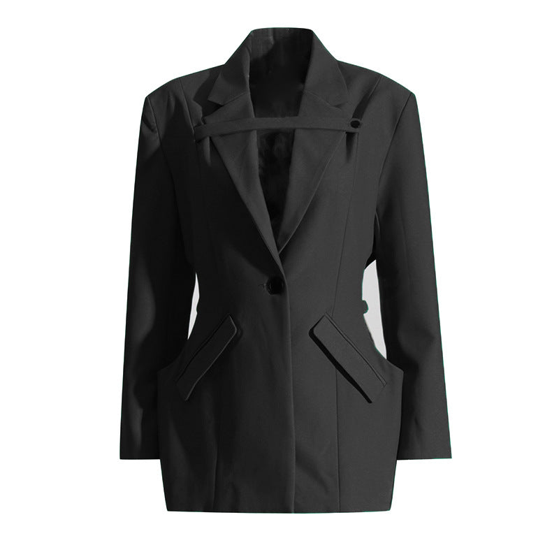 Blazer de longitud media de otoño, chaqueta pequeña elegante con recortes y cintura de nicho