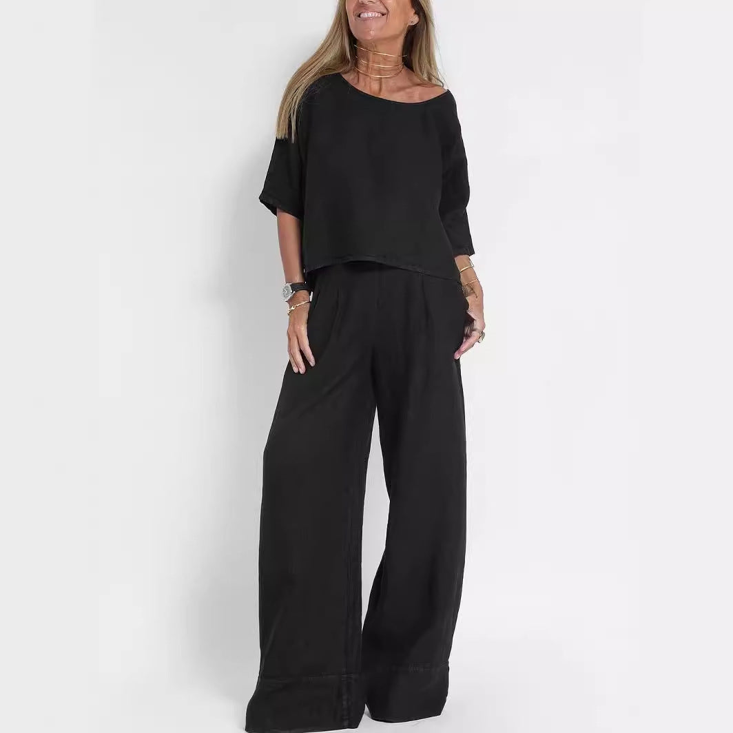 Women's Cotton And Linen Casual Cropped Sleeves Wide-leg Pants Suit