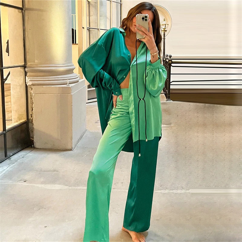 Spring Summer Satin Two Piece Set Colorblock Women Clothing Oversized Shirt Casual Straight Pants Set