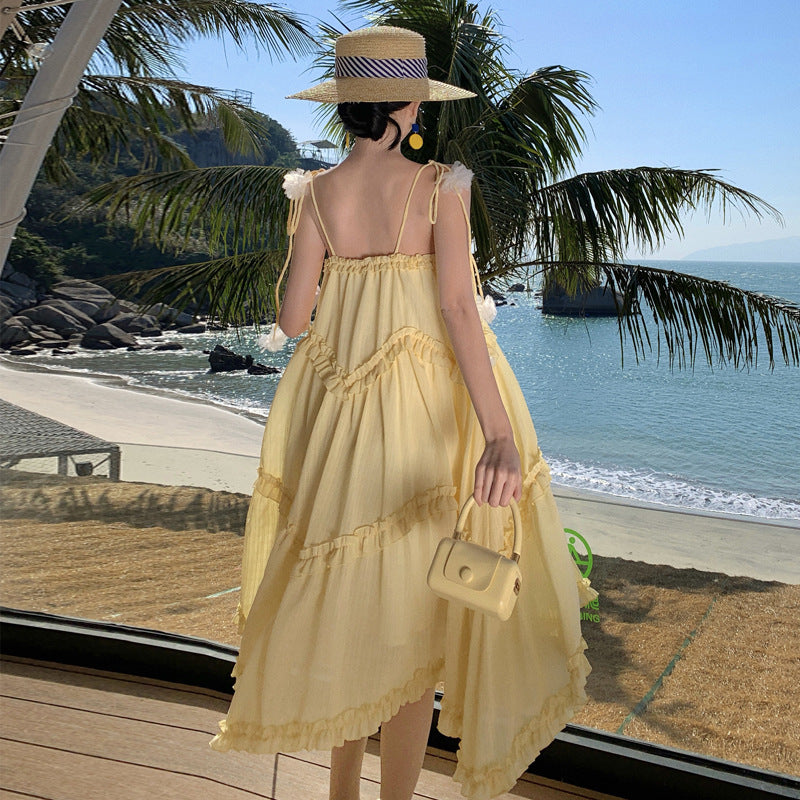 Vigorous Girl Dopamine Vitality Color Seaside Vacation Loose Suspender Skirt