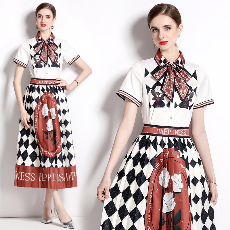 Printed Shirt Collar Elegant Fashionable Pleated Skirt Fashion Two-piece Set
