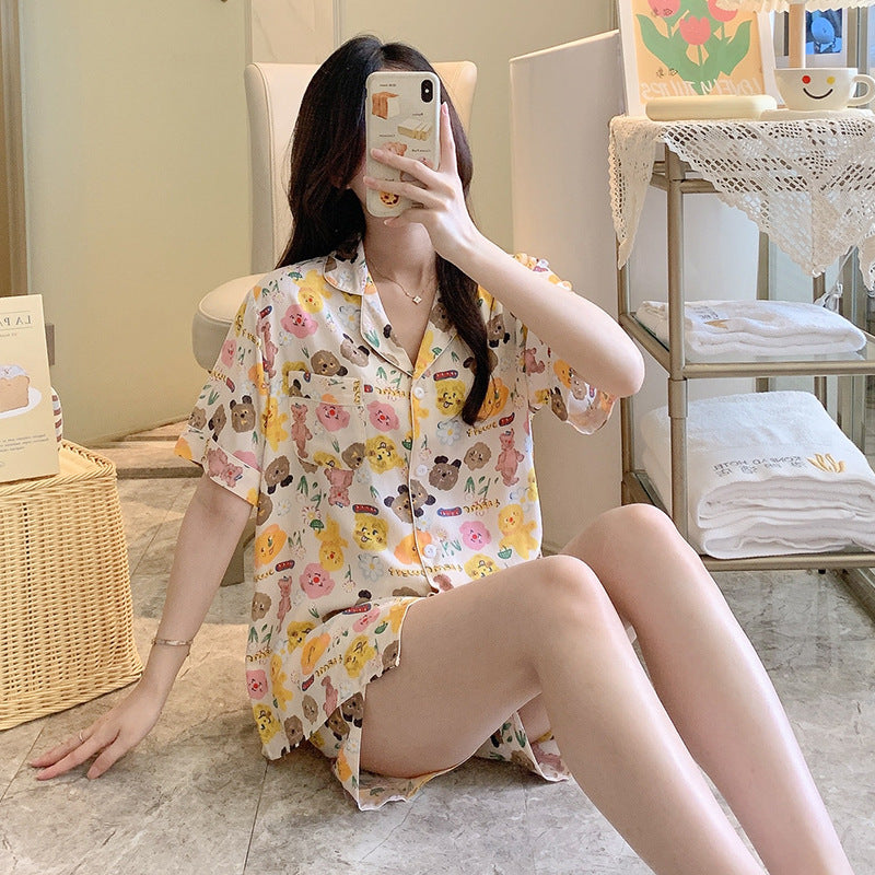 Poplin Pajamas Female Thin Short-sleeved Shorts Cartoon Printing Suit