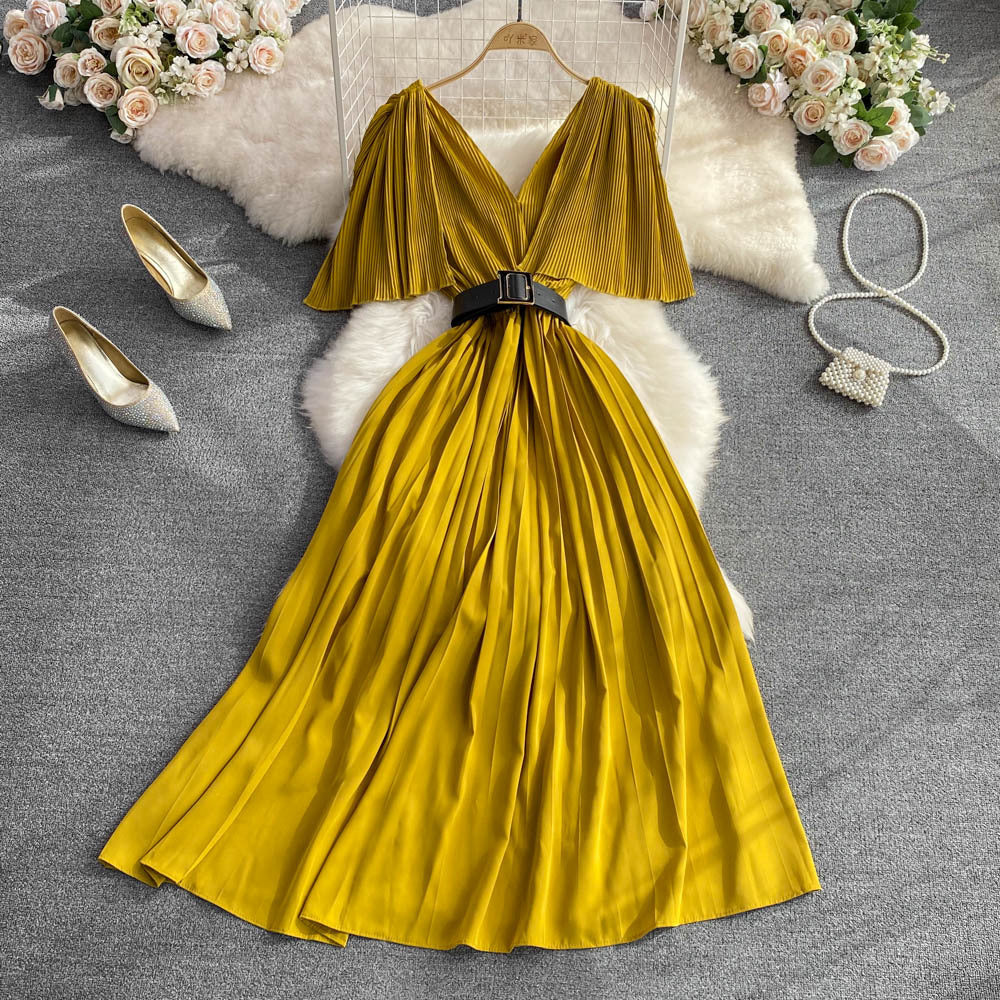 Socialite Temperament V-neck Flounce Waist Slimming A- Line Pleated Dress Elegant Swing Long Dress