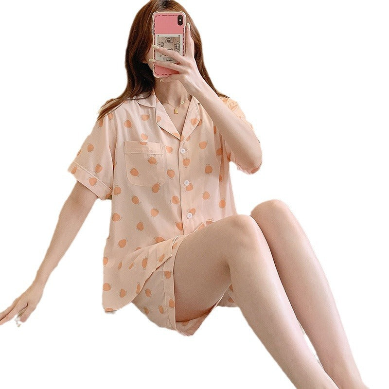 Poplin Pajamas Female Thin Short-sleeved Shorts Cartoon Printing Suit