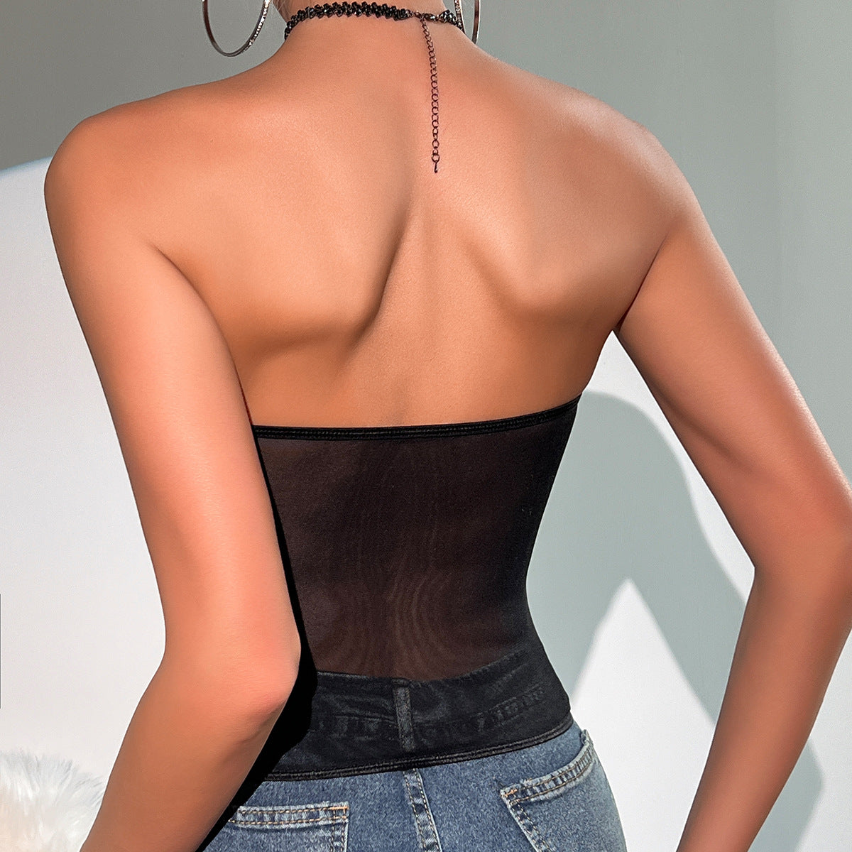 Solid Color Sexy See through Mesh Patchwork Corset Backless Pleated Rhombus Boning Corset Top Women