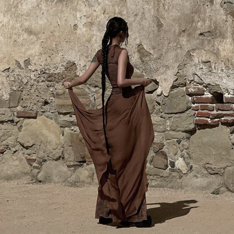 Otoño cuello redondo pulóver sin mangas impreso ahuecado recorte cintura alta mujer ropa vestido para mujer