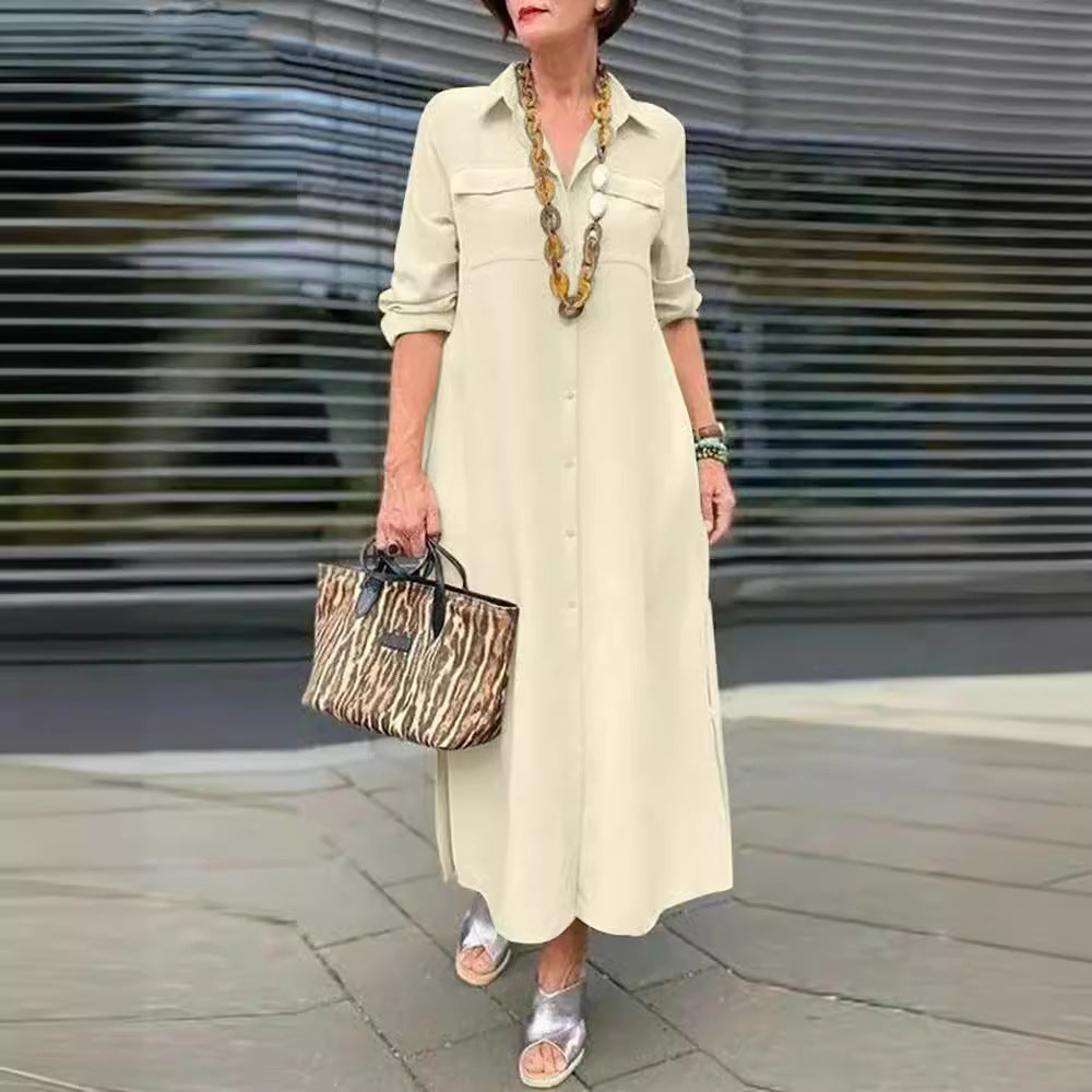 Solid Color Long Sleeve Button Lapel Plus Size Dress