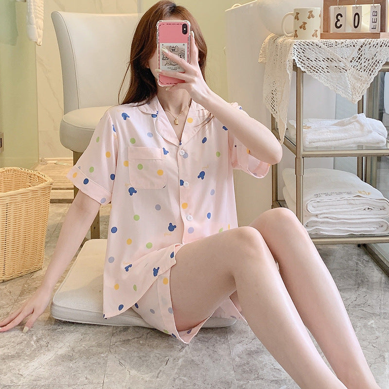 Poplin Pajamas Female Thin Short-sleeved Shorts Cartoon Printing Suit