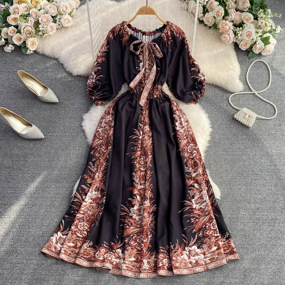 Round Neck Puff Sleeve Waist Slimming Printing A Words Dress