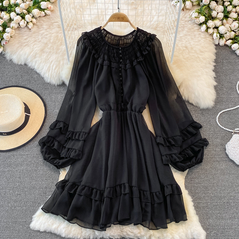 Ruffled Lantern Sleeves Round Neck Chiffon Dress