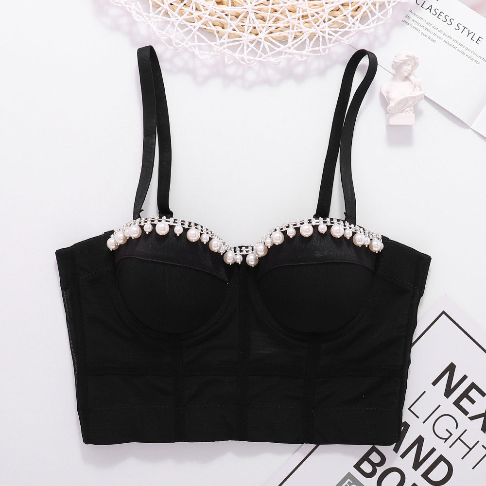 Original Design Niche Camisole Stage Performance Beautiful Back Tank Top Bra Free Pearl Chain Boning Corset Tube Top Women