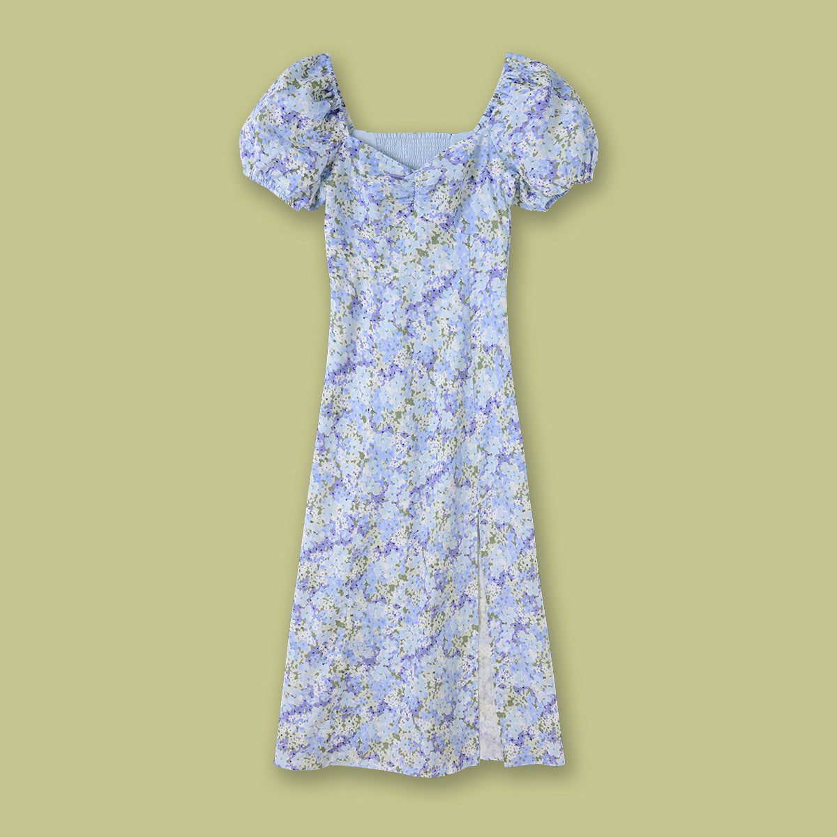 Linen Puff Sleeve Mid-length Dress Light Blue French Floral