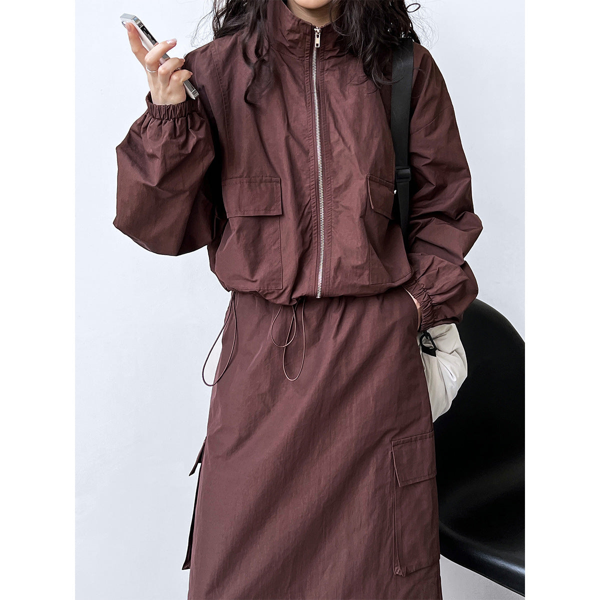 Short Jacket Drawstring Skirt Two Piece Outdoor Sports Cargo Suit Women