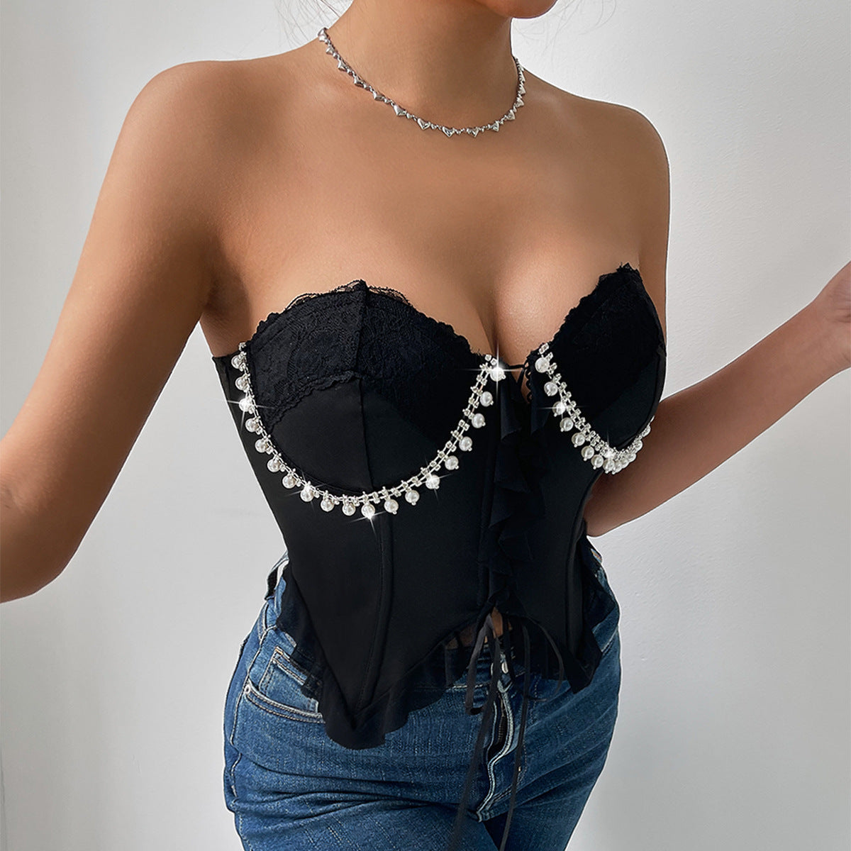 Summer Princess Pearl Drill Chain Irregular Asymmetric Tether Steel Ring Boning Corset Lace Slim Fit Tube Top