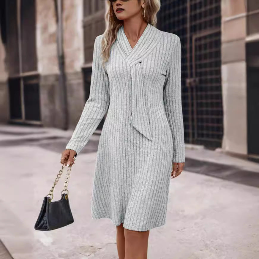 Long Sleeve Knitted Fitted Waist Dress