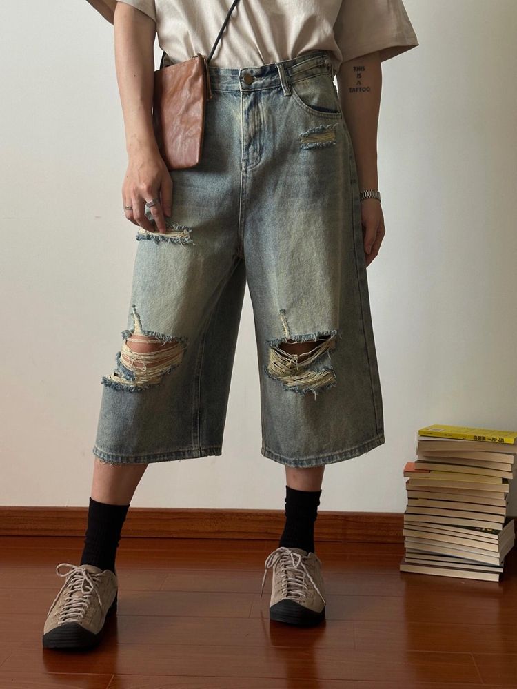 Ripped Wide-legged Jeans Loose Retro Washed Straight Short Pants