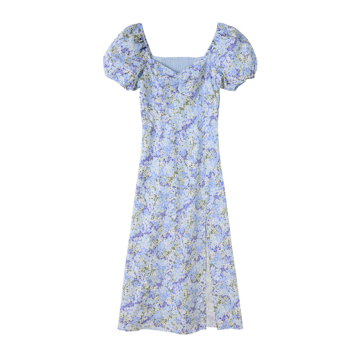 Linen Puff Sleeve Mid-length Dress Light Blue French Floral