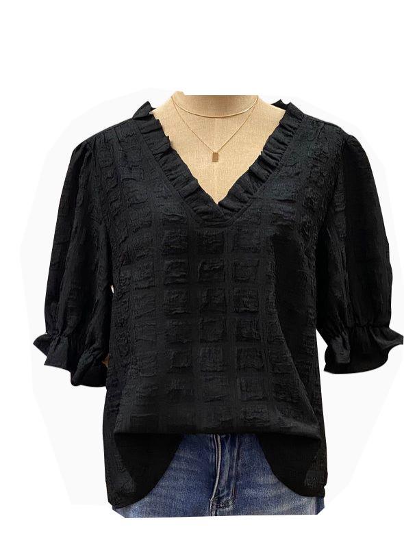 Square Texture Bell Sleeve Shirt V-neck Top