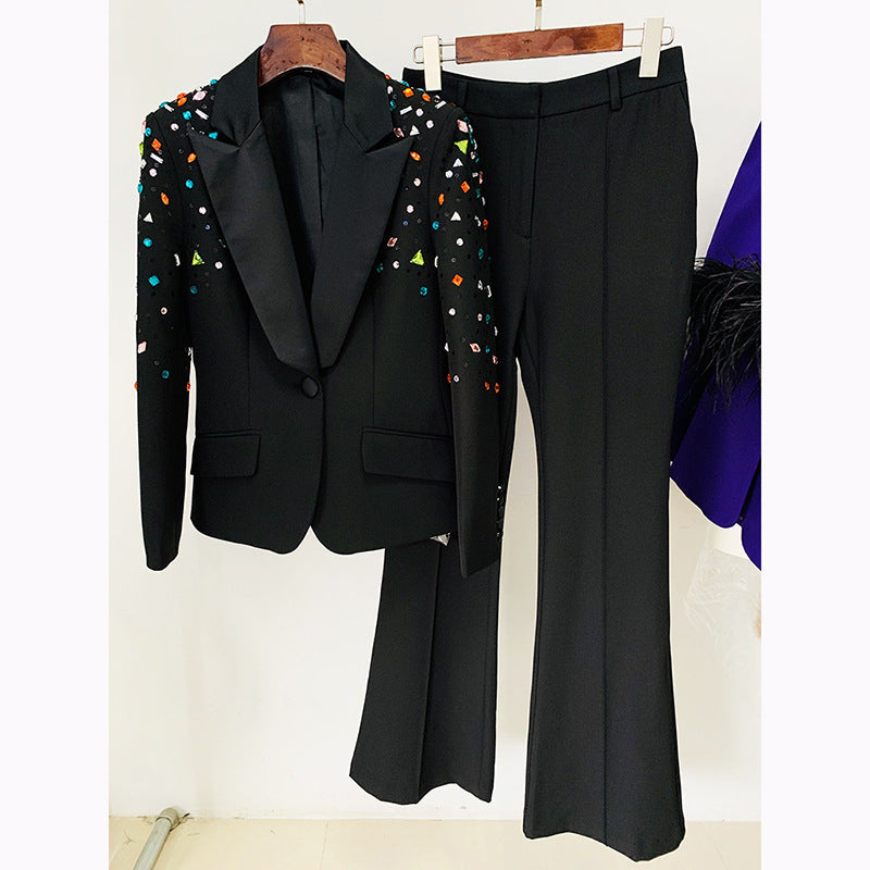 Goods Heavy Industry Beads Colorful Crystals Slim Fit Blazer Bootcut Pants Blazer Suit Set Two Pieces