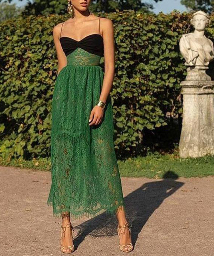 Women Clothing Sexy Suspenders Lace Green Hollow Out Cutout Holiday Mopping Maxi Dress
