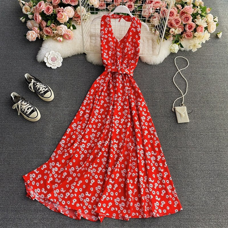 Floral Halter V Chiffon Dress