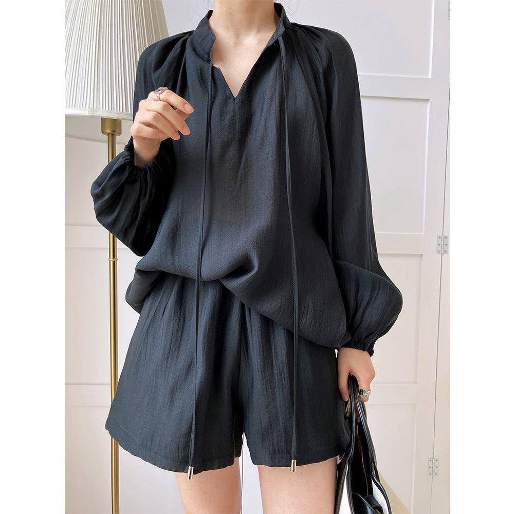 Summer Sports Casual Lace-up Long Sleeve Sun Protection Clothing Wide Leg Shorts Suit Two-Piece Set