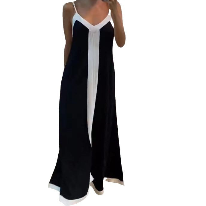 European And American Style Elegant Contrast Color V-neck Long Strap Dress