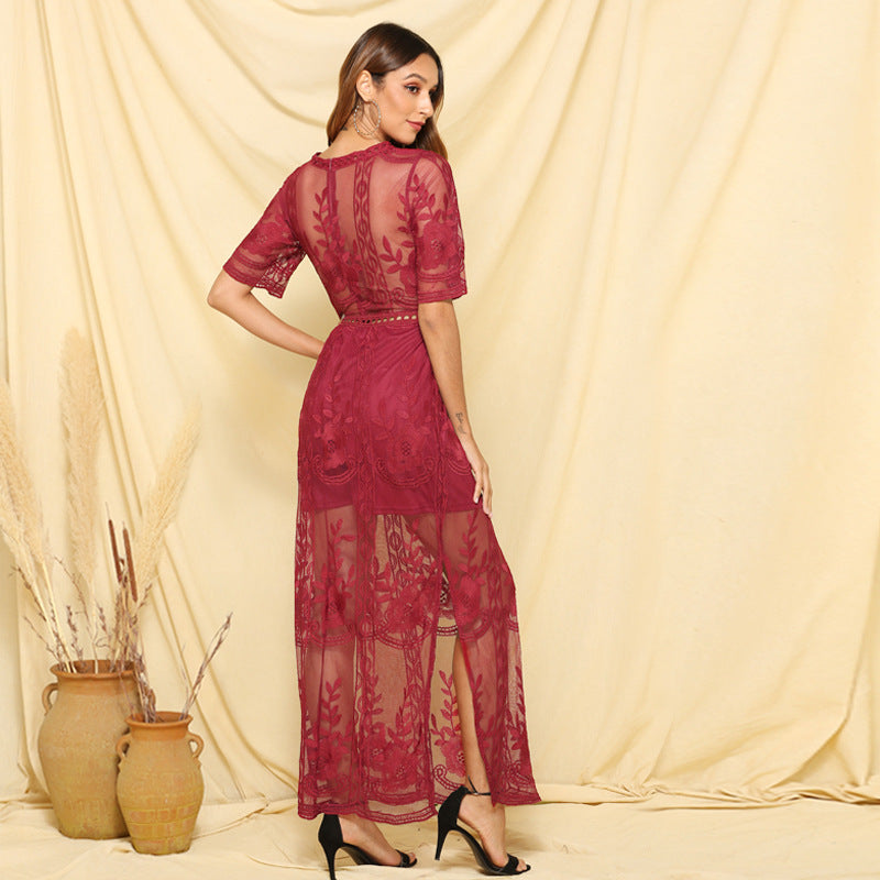 Embroidery Lace Deep V Split Holiday Lace Stitching Dress