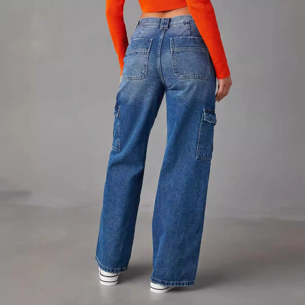 Y2g Multi Bag Jeans für Damen, hohe Taille, gerade Hose, verwaschene, lockere Jeans