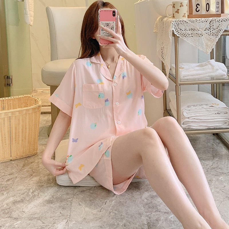 Poplin Pajamas Female Thin Short-sleeved Shorts Cartoon Printing Suit