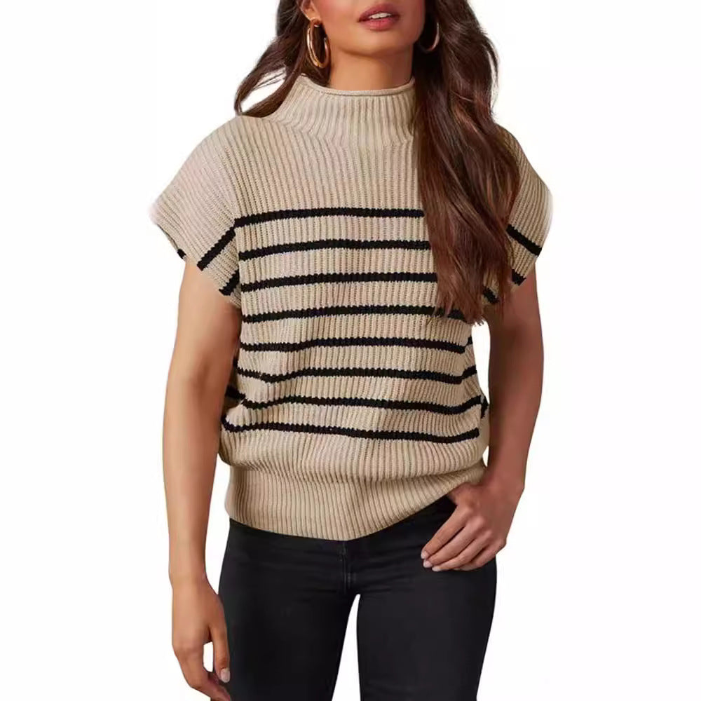 Women's Vest Sleeveless Turtleneck Slim Striped