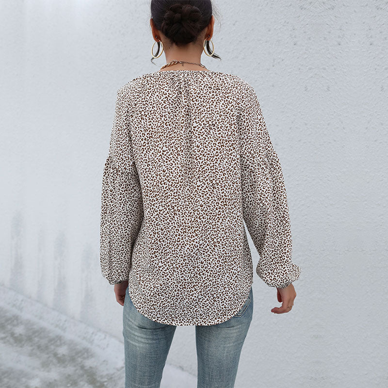 Autumn Exotic Top Long Sleeve Drawstring Leopard Print V Neck Shirt