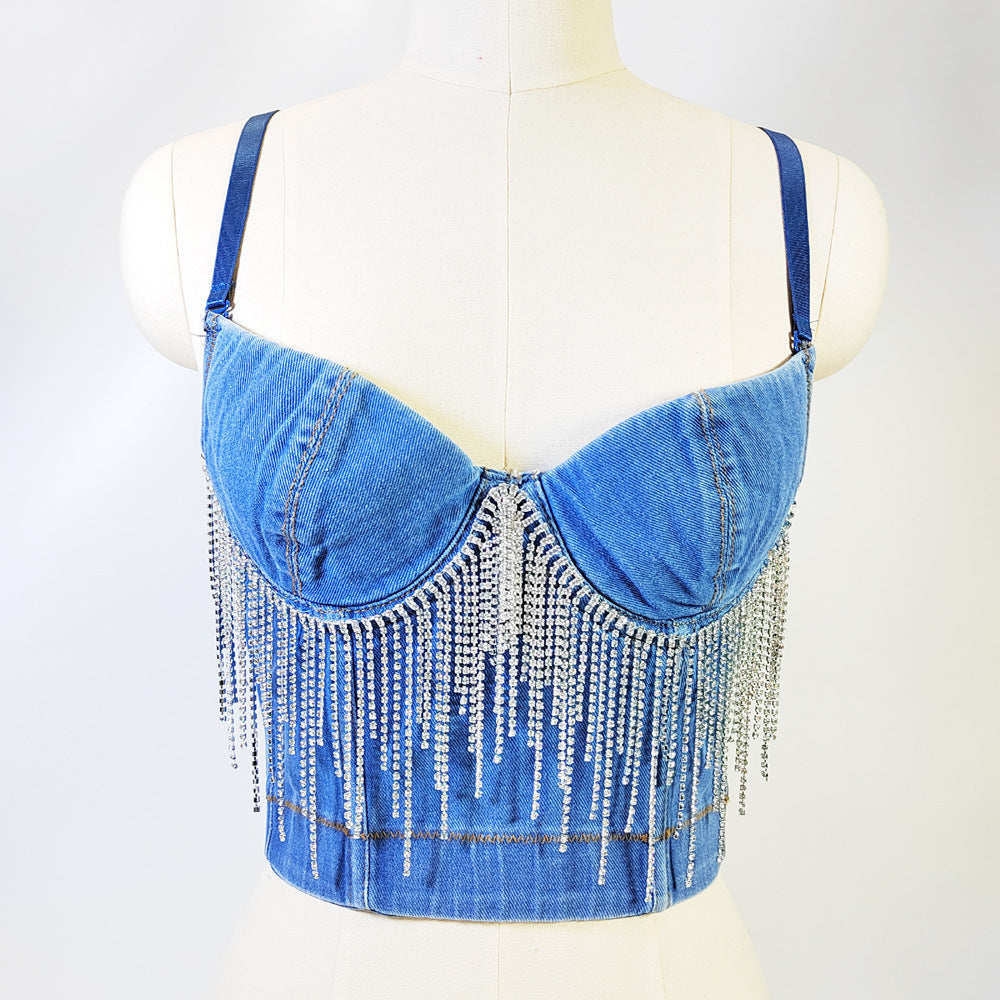 Triangle Cup Boning Corset Corset Short Sexy Tassel Chain Decoration Vest Denim Camisole V neck Tube Top