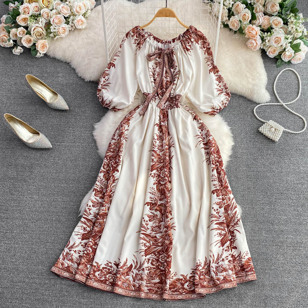 Round Neck Puff Sleeve Waist Slimming Printing A Words Dress