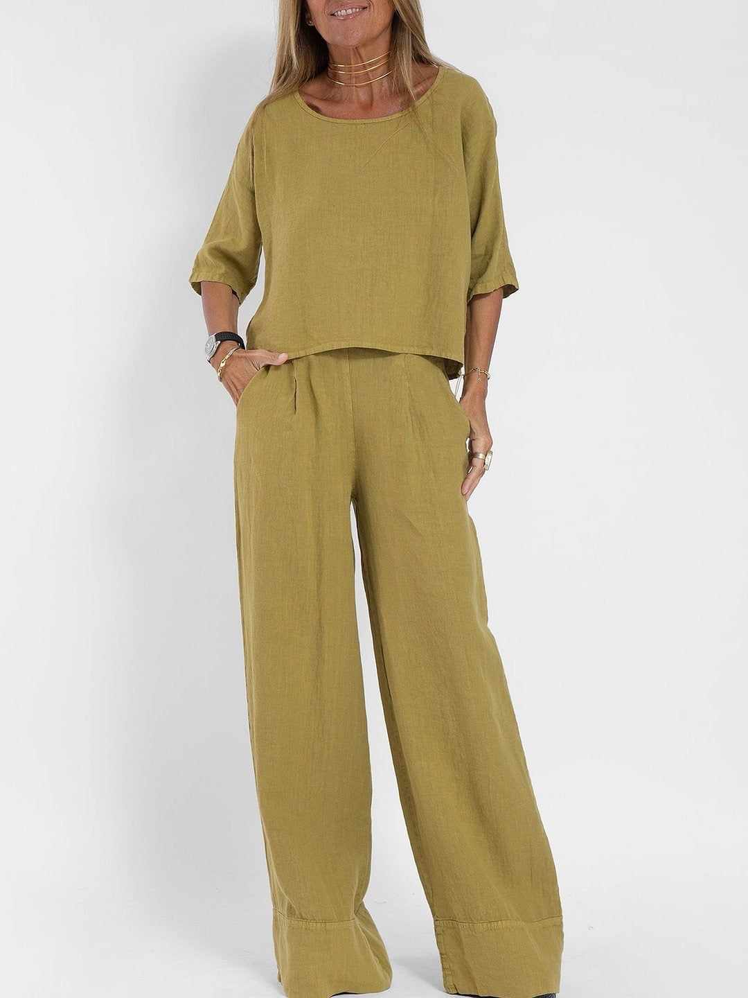 Women's Cotton And Linen Casual Cropped Sleeves Wide-leg Pants Suit