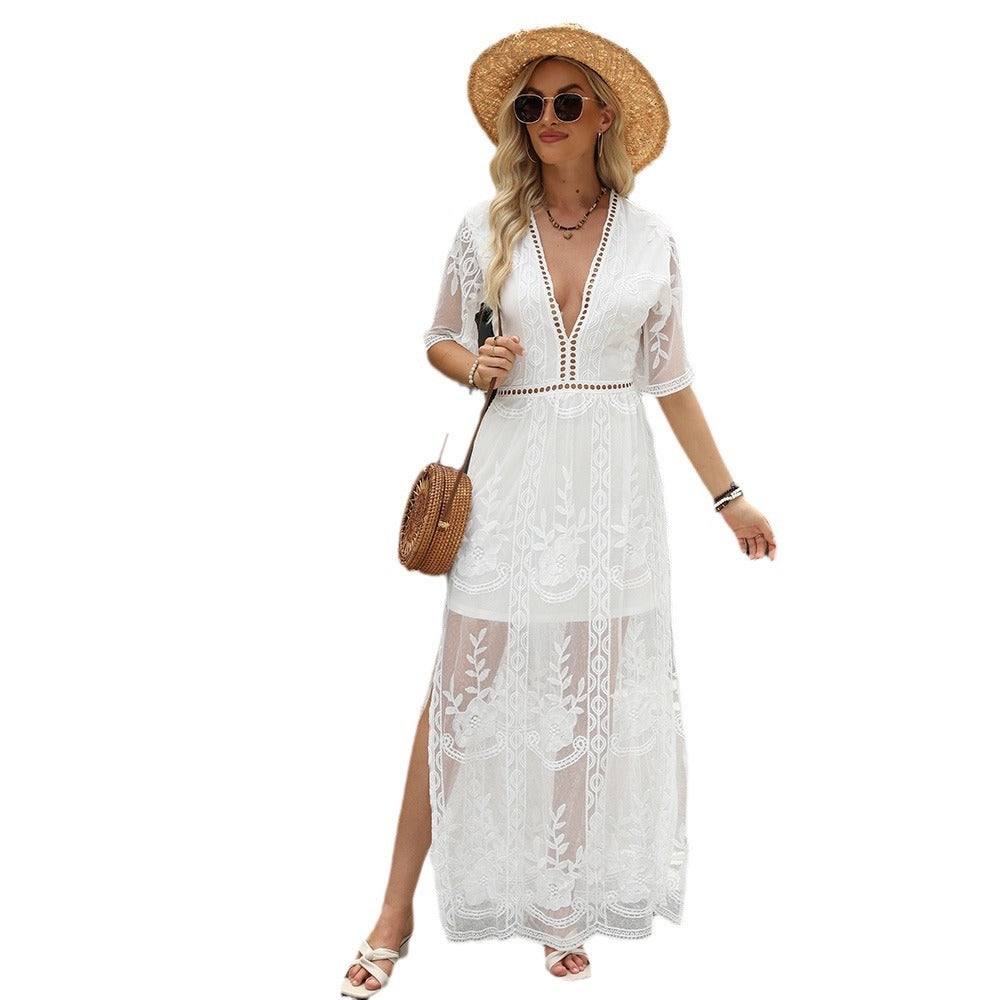 Embroidery Lace Deep V Split Holiday Lace Stitching Dress