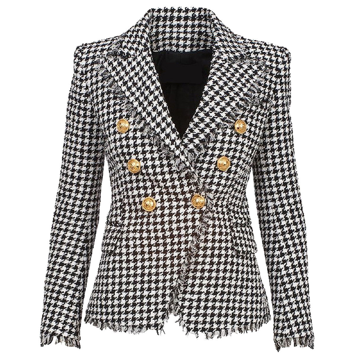 Spring Autumn Classic Houndstooth Tweed Tassel Women Business Blazer Suit Set Woolen Jacket