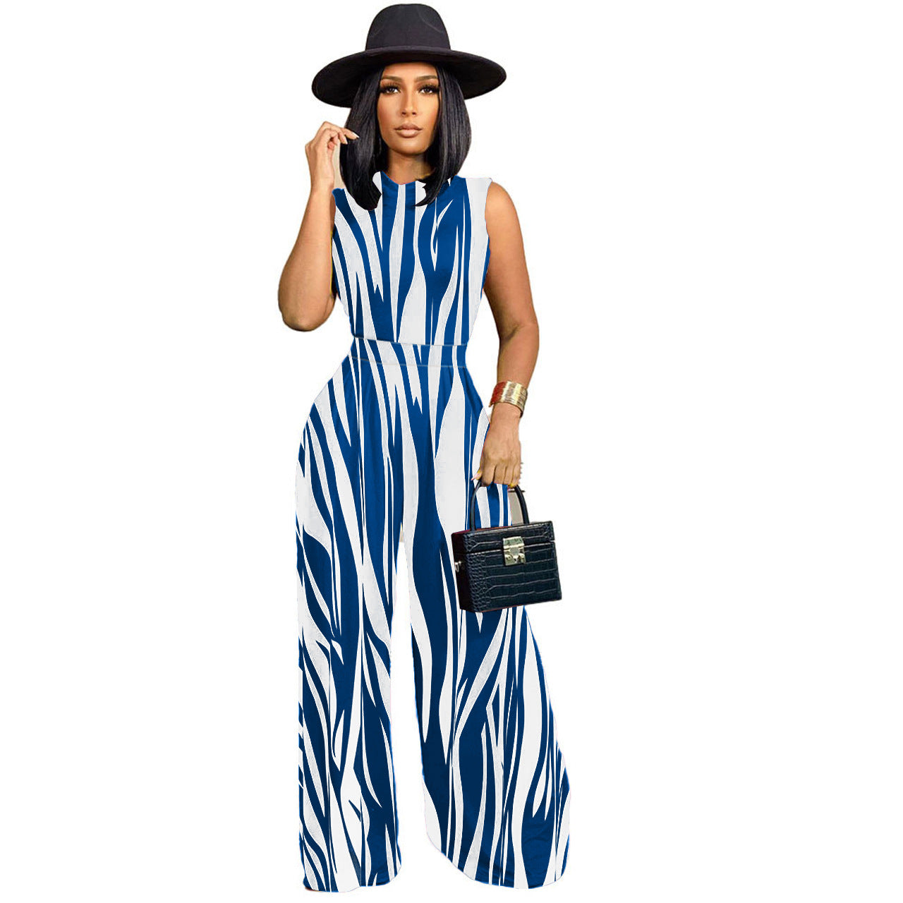 Women's Fashion Pattern Printed Sleeveless Leotard Wide Leg Pants Suit