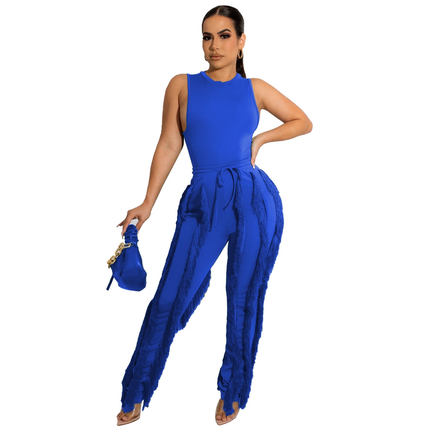 Women Clothing Two Piece Set Tassel Trousers Sleeveless Casual Suit Lace Summer Sexy