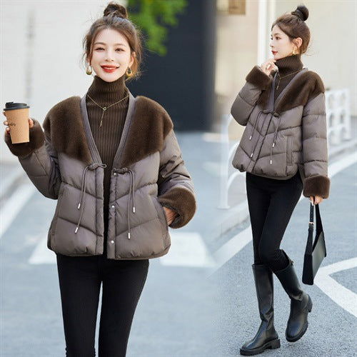 Down Cotton-padded Coat Mink Fur Stitching Warm Coat For Women