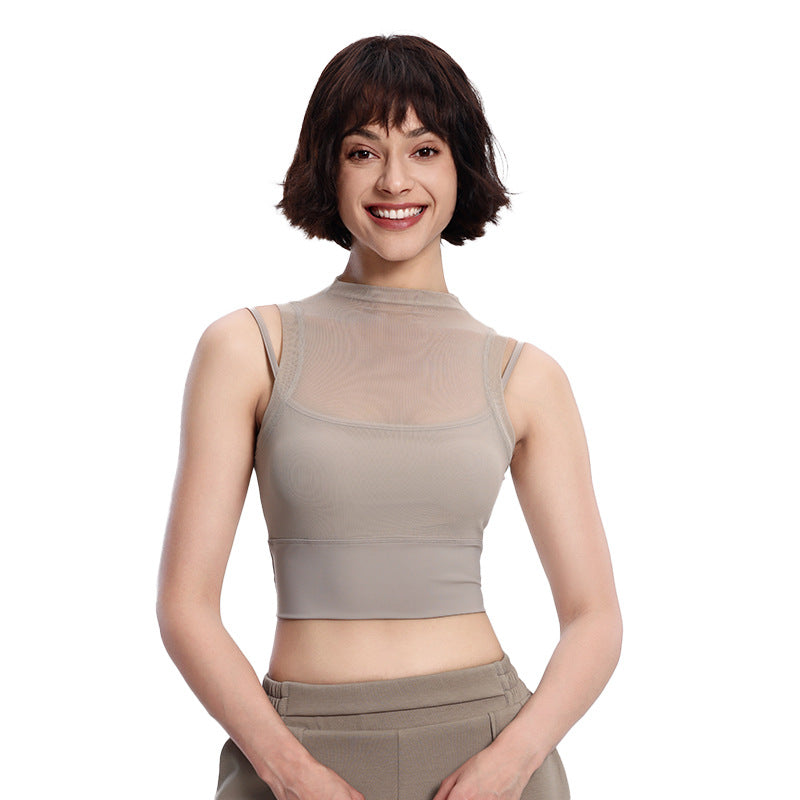 Women's Fake Two-piece Mesh Breathable Top With Chest Pad