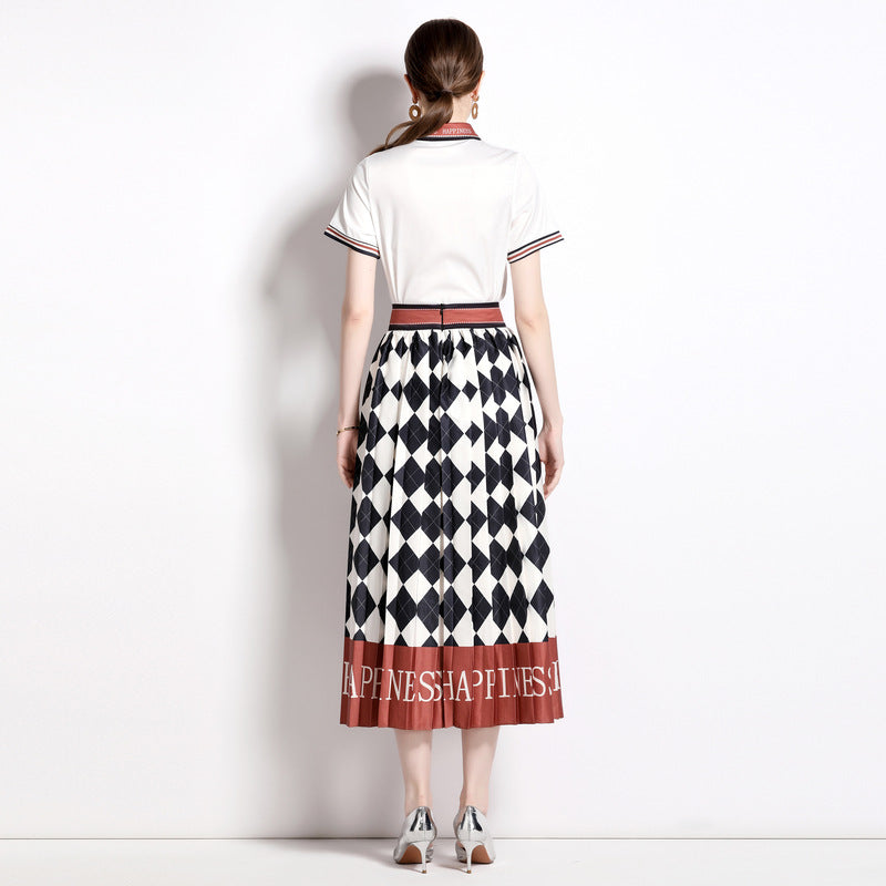 Printed Shirt Collar Elegant Fashionable Pleated Skirt Fashion Two-piece Set