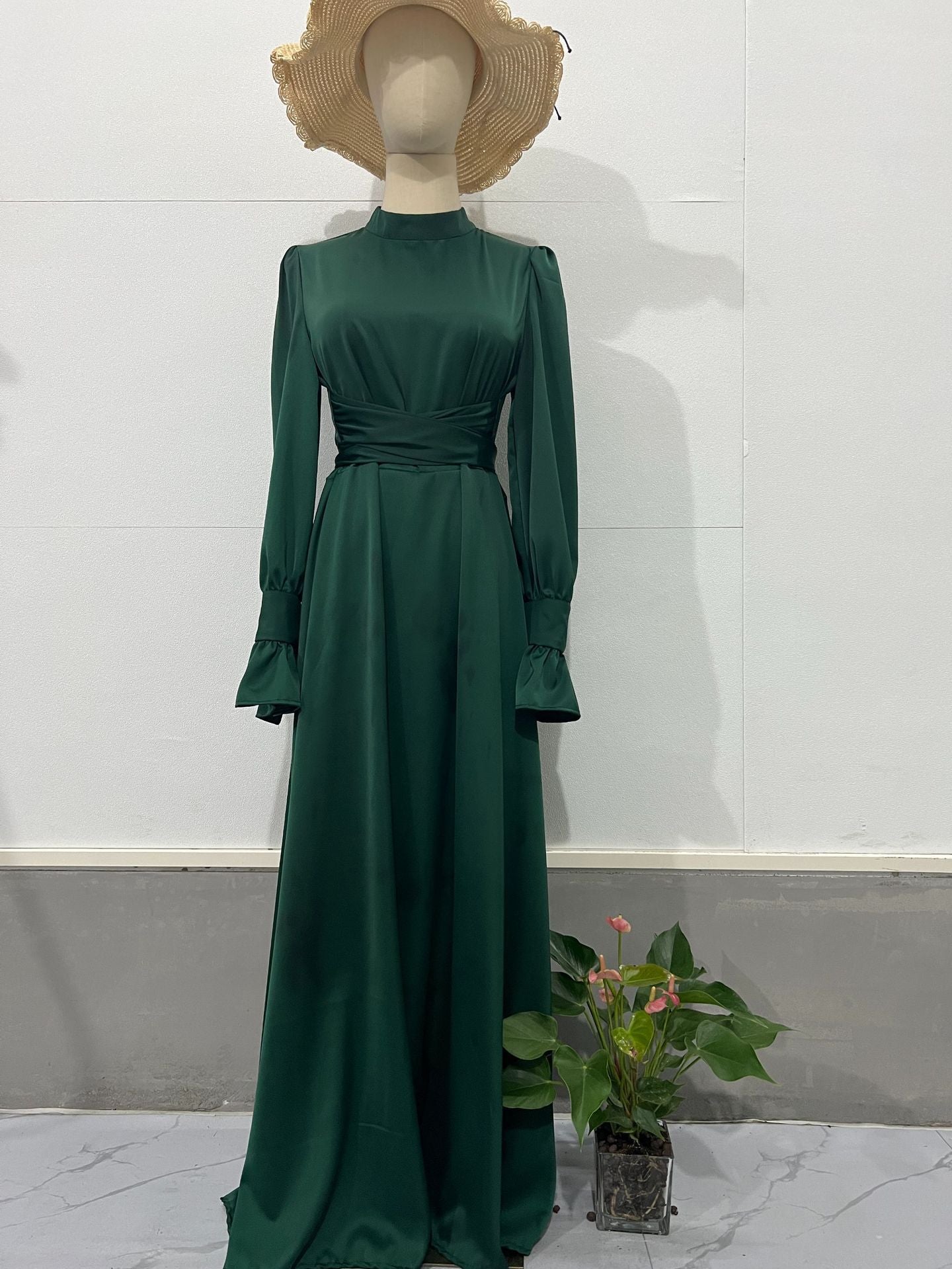 Herbst Langarm Taille Puffärmel Grünes Kleid