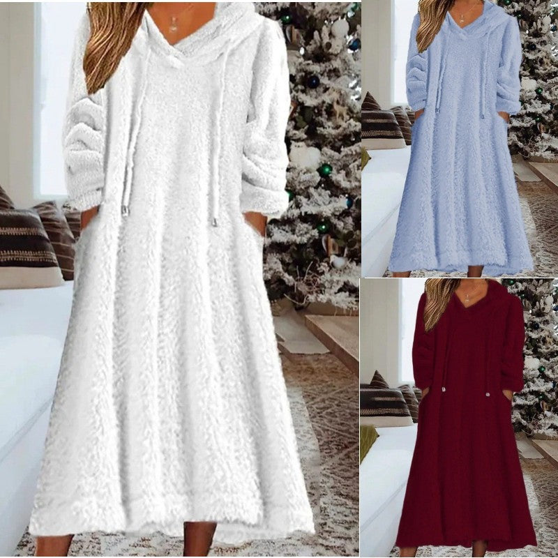 Loose Casual Fluff Hooded Long Sleeve Dress