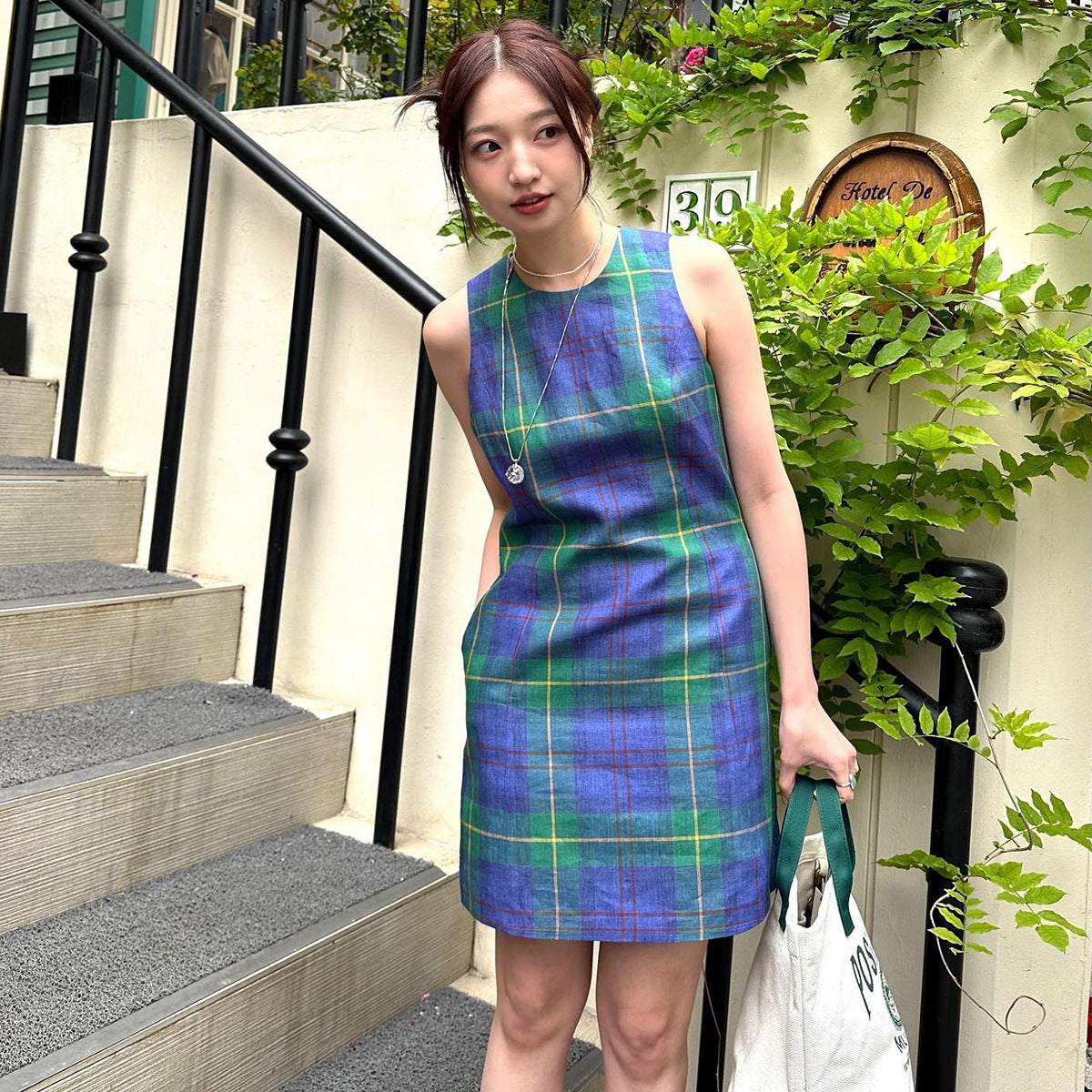 Novedad de verano, vestido informal sin mangas adelgazante a cuadros verdes, Retro, fácil de combinar, Corea del Sur