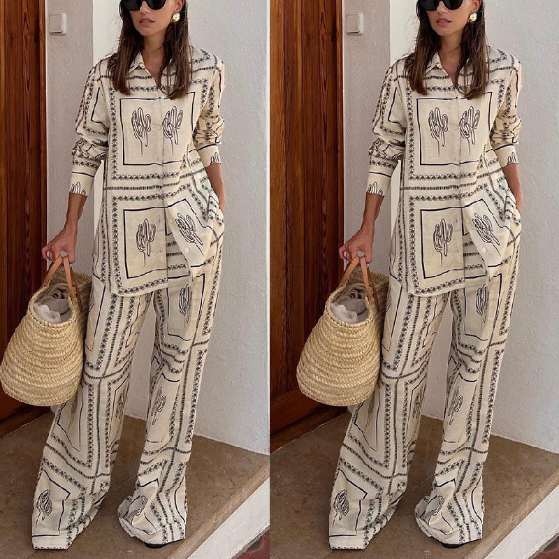 Printed Long Sleeved Shirt Trousers Two Piece Suit Home Wear