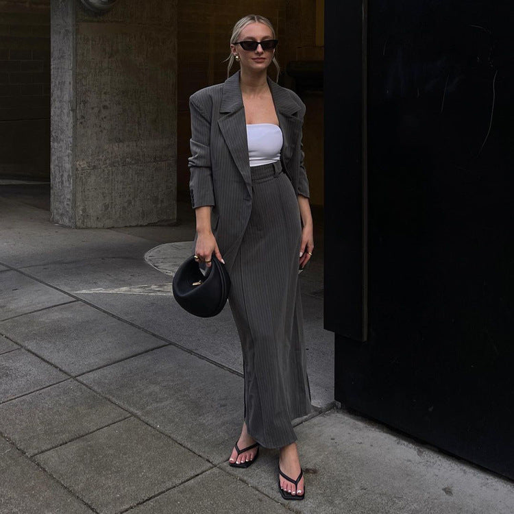 Office Suit Gray Striped Blazer Women's Spring Split Skirt Hip Skirt Two Piece Suit