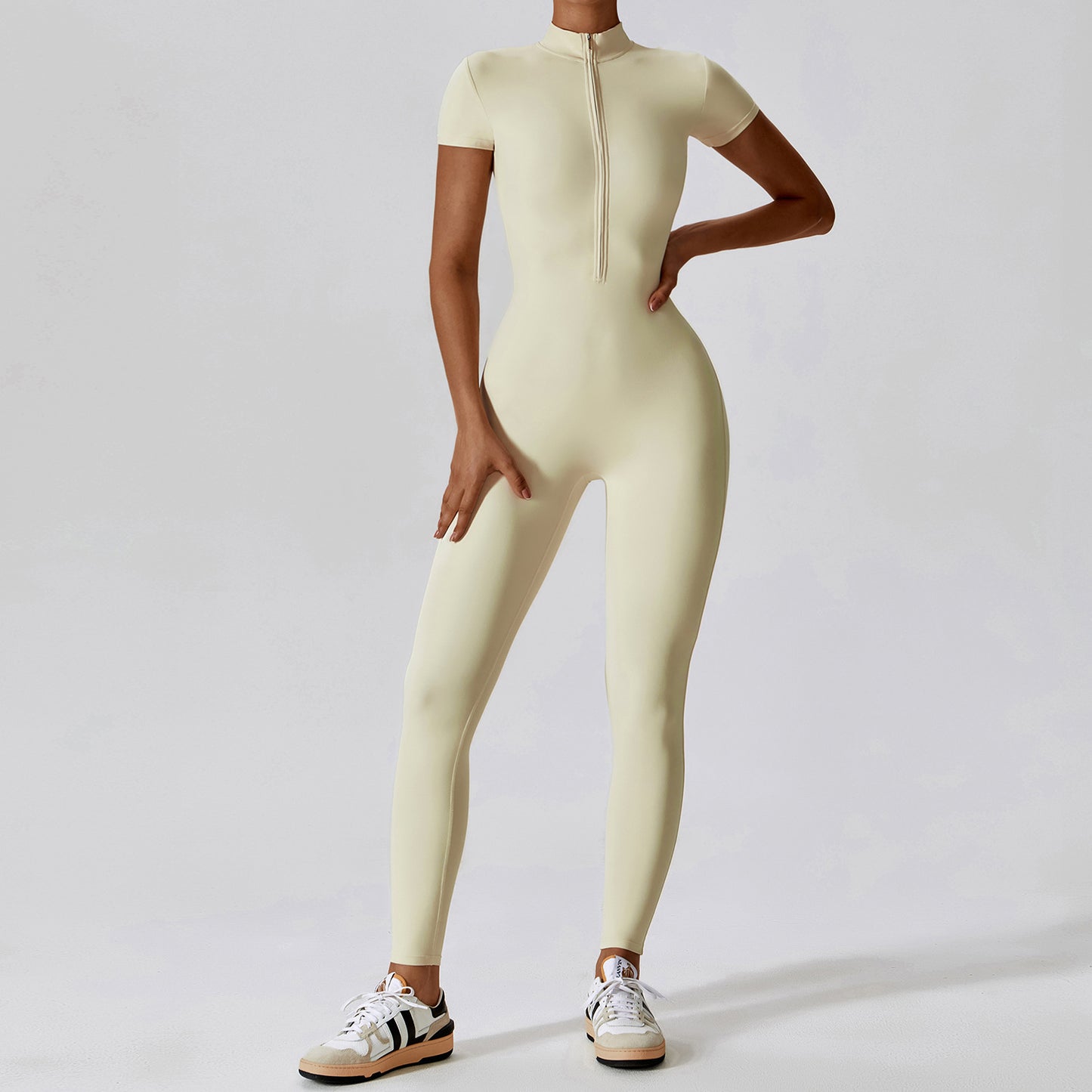 Reißverschluss Kurzarm Nude Feel Yoga Jumpsuit Damen Oberbekleidung Fitness Sport Einteilige Strumpfhose